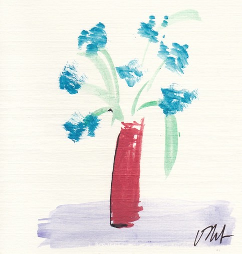 blue flowers red vase