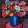 flowers in blue jug on pink mat sm