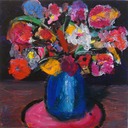 flowers in blue jug on pink mat sm