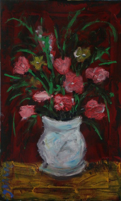 red flowers white vase small